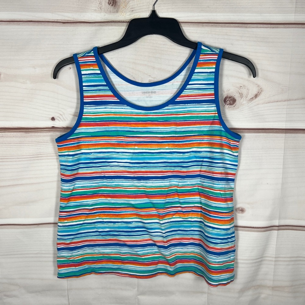 Lands End Womens Large Tank Top Multicolor Striped 100% Cotton Scoop Neck Knit